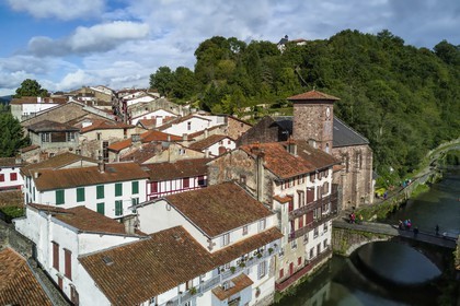 France, Pyrenees Atlantiques, Basque Country, Saint Jean Pied de Port, the Pont Vieux over the Nive of Beherobie river and Notre Dame du Bout du Pont church (aerial view)