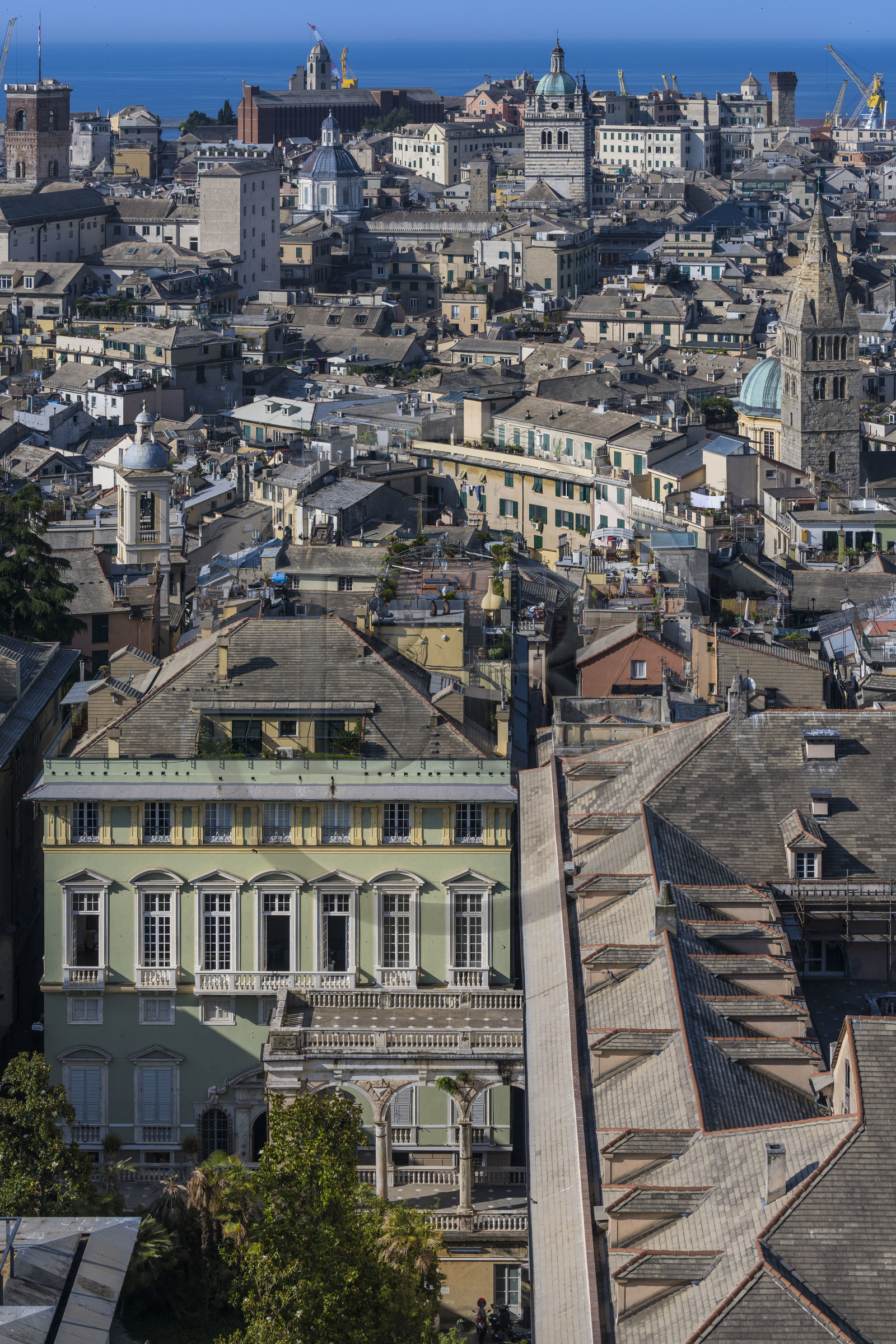 Italy, Liguria, Genoa, the Palazzo di Baldassarre Lomellini one of the Rolli Palace listed as World Heritage by UNESCO in the Strada Nuova today via Garibaldi, the Basilica of Santa Maria delle Vigne and the cathedral (Cattedrale di San Lorenzo) in the background