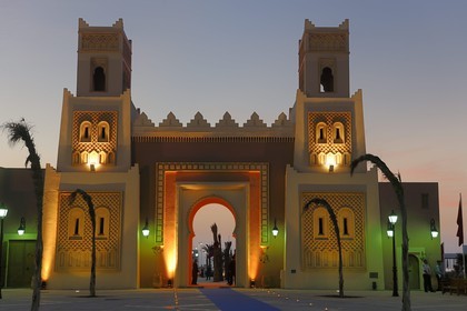 Morocco, Oriental Region, Mediterrania Saidia Seaside Resort, gate of the Medina Saidia Shopping arcade built as a traditional medina
