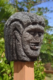 Caribbean, Dominica Island, Salybia, Kalinago Territory, Kalinago Barana Autê (the Caribbean village by the sea), large village of the Kalinagos Indians intended for the development and sharing of their traditional activities, traditional Native American sculpture on fern wood