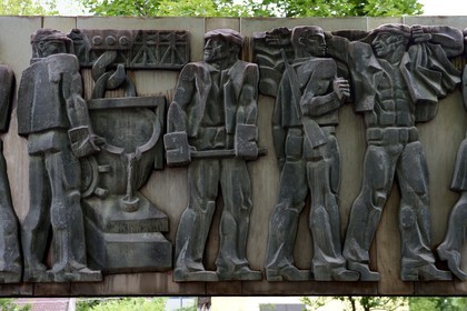 Romania, Transylvania, Hunedoara, bas-relief touting workers dating from the communist era