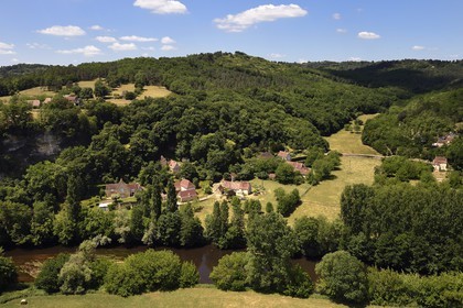 France, Dordogne, Perigord Noir, Vezere Valley at Peyzac le Moustier, the Vezere river (aerial view)