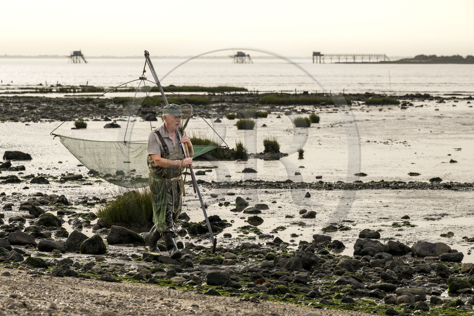 France, Charente-Maritime (17), Port-des-Barques, pêcheur au carrelet et cabanes sur pilotis appelées carrelets en arrière plan