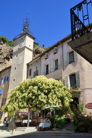France, Var, Provence Verte, Cotignac, Place de la Mairie and the Clock tower