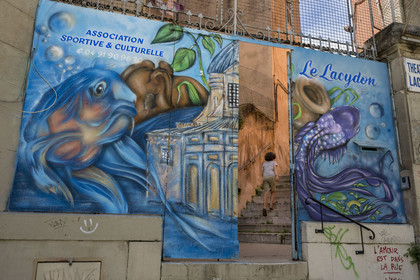 France, Bouches-du-Rhône (13), Marseille, quartier du Panier, peinture murale réalisée par le street artiste Loïc Perrel dit Poasson dans  l'escalier de la montée Saint Esprit pour l'association Le Lacydon