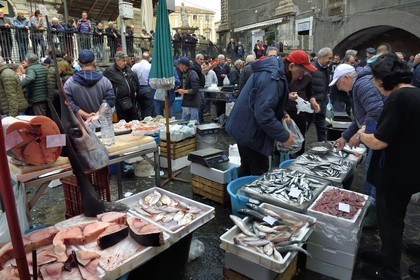 Italie, Sicile, Catane, ville baroque classée au Patrimoine Mondial de l'UNESCO, le marché aux poissons Pescheria de la Piazza Alonzo di Benedetto