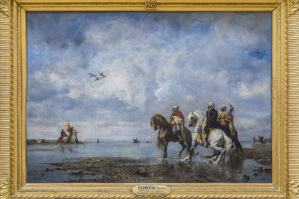 France, Oise, Chantilly, the castle of Chantilly, the Condé museum, the painting gallery, orientalist painting The Falcon Hunt by Eugène Fromentin