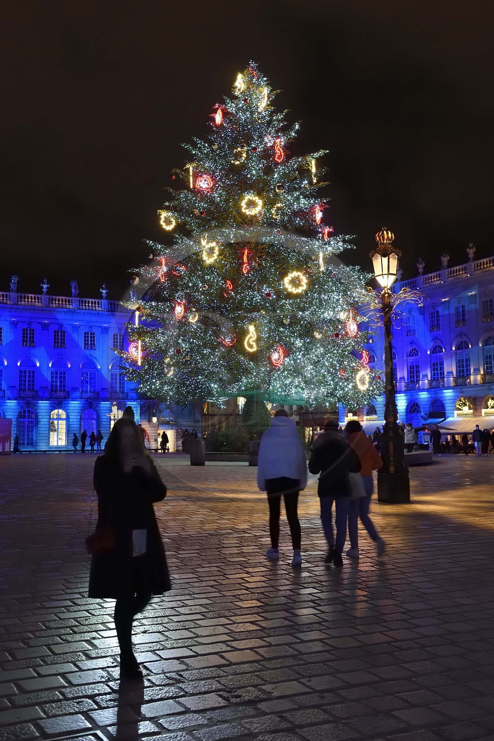 France, Meurthe-et-Moselle (54), Nancy, place Stanislas (ancienne Place Royale) lors de la fête de la Saint-Nicolas, classée Patrimoine Mondial de l'UNESCO, le grand sapin  de Noël décoré