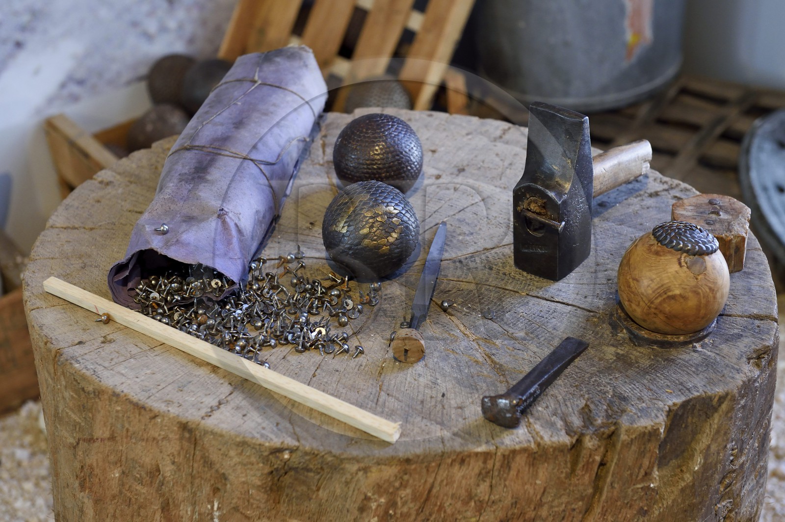 France, Var, Parc Naturel Regional du Verdon, the village of Aiguines, Museum of wood turners, studded boxwood root balls, ancestors of petanque balls