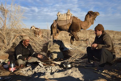 Iran, Province d'Ispahan, désert du Dasht-e Kavir, Mesr dans la région de Khur et Biabanak, le chamelier Ali Saraban et son fils avec leurs dromadaires au bivouac de Kuh e-Sefid