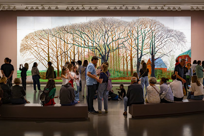 France, Paris, Bois de Boulogne, the Louis Vuitton Foundation by architect Frank Gehry, David Hockney exhibition 25, Bigger Trees near Warter or ou Peinture sur le Motif pour le Nouvel Age Post-Photographique (2007), huile sur 50 toiles