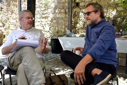 France, Alpes-Maritimes, Saint Paul de Vence, Pierre Lamalattie interviewing for Artension magazine Olivier Kaeppelin President of the International Biennale of Saint-Paul de Vence