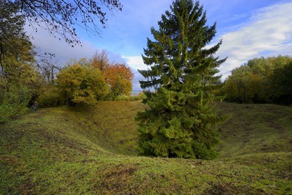 France, Meuse, Lorraine Regional Park, Cotes de Meuse, Les Eparges, traces of fighting of one of the bloodiest battles of the First World War, crater resulting from mine explosions for control of the point X that dominates the plain
