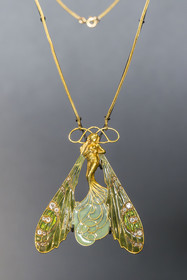 France, Bas-Rhin, Wingen-sur-Moder, Lalique museum, jewelry by René Lalique, La Broche Fée brooch circa 1897-1898, in gold, platinum and enamel