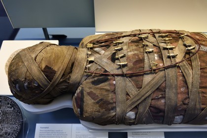 Royaume-Uni, Londres, quartier de Bloomsbury, le British Museum, Egypte ancienne, momie d'un homme avec des amulettes sur un cadre, époque romaine après 30 avant JC