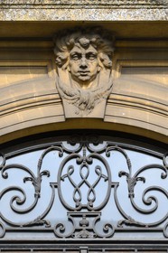 France, Moselle, Fensch Valley, Hayange, former major administrative offices Wendel, figure of the Wendel family above a door