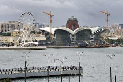 Azerbaijan, Baku, Caspian Waterfront Mall along the Caspian Sea seen from Bayraq Meydani