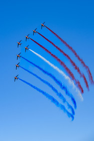France, Bouches du Rhone, Salon de Provence, air base 701, base of the Patrouille de France (PAF for Patrouille acrobatique de France) of the French Air and Space Force, Alphajet planes fly in formation Big Arrow