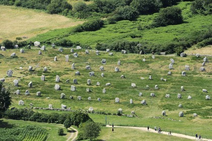 France, Morbihan, Carnac, row of megalithic standing stones at Menec (aerial view)
