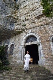 France, Var, Plan d'Aups Sainte Baume, Sainte-Baume Regional Nature Park, Sainte Baume massif, Brother Patrick-Marie Bozo, the prior of the Dominican community of Sainte-Baume, on the forecourt of the cave sanctuary of Sainte Marie-Madeleine (St. Mary Magdalene) under the cliff