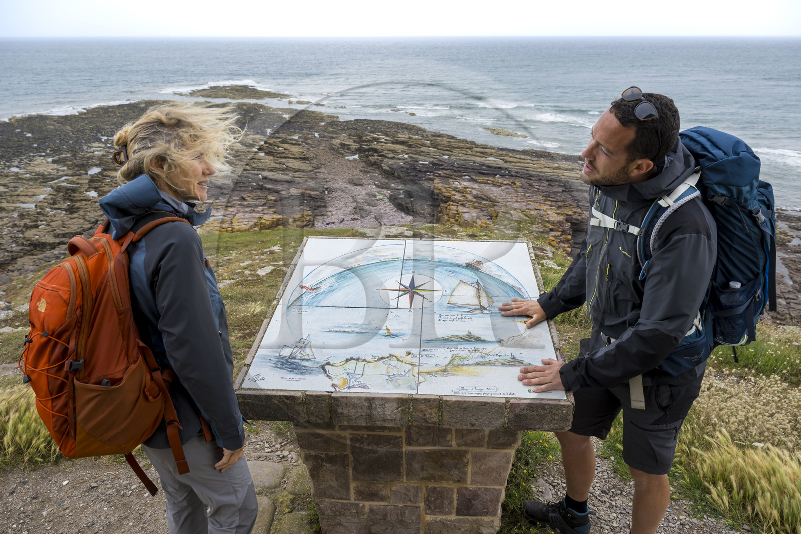 France, Cotes d'Armor, Grand Site de France Cap d'Erquy - Cap Frehel, Erquy, toposcope orientation table on the Saint-Michel islet