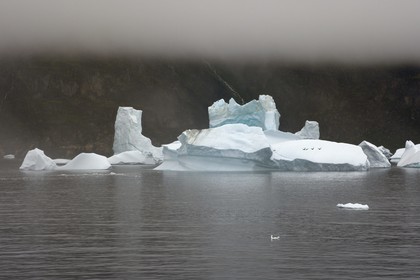 Groenland, cote ouest, Ile de Disko, iceberg dans la brume au large de Qeqertarsuaq