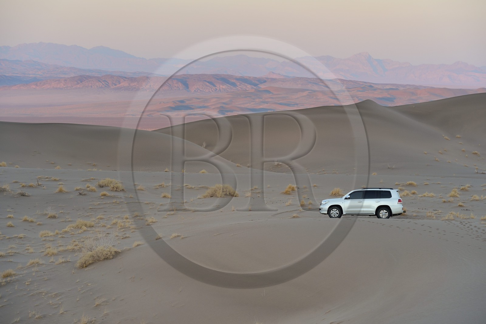 Iran, Province de Yazd, désert du Dasht-e Kavir, Moghestan, 4x4 dans les dunes