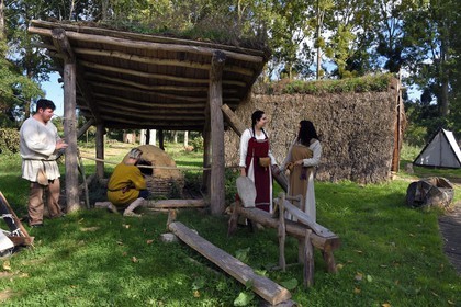France, Calvados, Herouville Saint Clair, Domaine de Beauregard, Ornavik Historical Park, reconstitution of a Viking encampment of the year 1000, space composed of tents that the Vikings took with them on an expedition