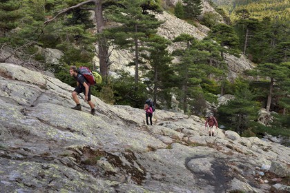 France, Haute Corse, Vivario, hiking on the GR 20, between Onda refuge and Vizzavona, Vizzavona forest, Englishmen cascades, waterfalls group in the Agnone valley under the Monte d'Oro