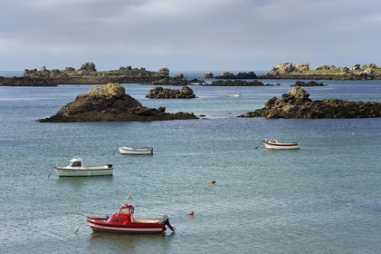 France, Finistère (29), Pays des Abers, Plouguerneau, Ile Vierge dans l'archipel de Lilia vu depuis la Pointe du Kastell Ac'h, le phare de l'ile Vierge le plus haut phare d'Europe d'une hauteur de 82,5 mètres