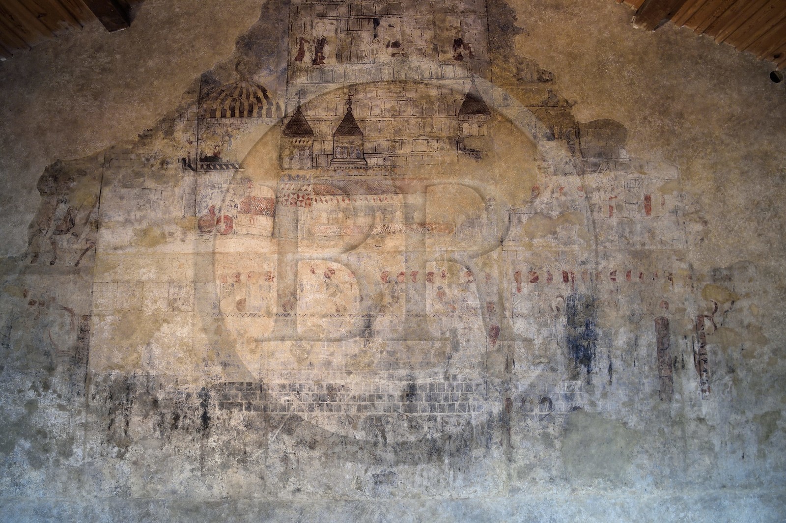 France, Haute-Loire (43), Le Puy-en-Velay, étape des chemins de Compostelle, l'ensemble cathédrale Notre-Dame-de-l'Annonciation classée Patrimoine Mondial de l'UNESCO, logis  des  clergeons, ville assiégée probablement pendant les croisades, peinture murale de la fin du XIIe siècle