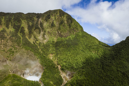 Caribbean, Dominica Island, Castle Bruce, Morne Trois Pitons National Park listed as World heritage by UNESCO, Valley of Desolation, the Boiling Lake, the second largest flooded fumarole boiling lake in the world (aerial view)