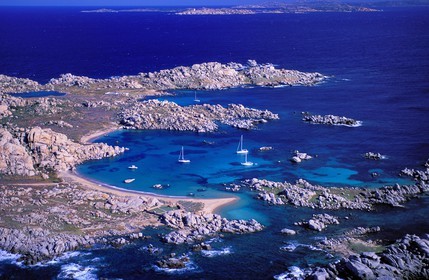 France, Corse du Sud, boats anchored in Lavezzi islands archipelago (aerial view)