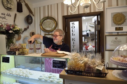 Croatia, Dalmatia, Korcula Island, Korcula Town, Cukarin Cake Shop by Smiljana Matijaca, Harubica and Marco Polo Bombika cakes are specialties