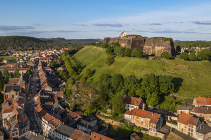 France, Moselle, Parc regional des Vosges du nord (Northern Vosges Regional Natural Park), Bitche, the citadel fortified by Vauban (aerial view)