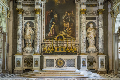 France, Seine-et-Marne, Fontainebleau, castle of Fontainebleau listed as World Heritage by UNESCO, Chapel of the Trinity, statue of King Henri IV on the left and King Louis XIII on the right from the high altar