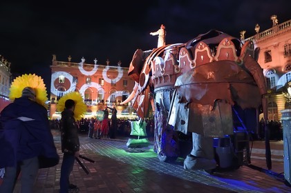 France, Meurthe-et-Moselle, Nancy, place Stanislas, the parade of Saint-Nicolas, Elephantasia and its dancers from the company Planète Vapeur