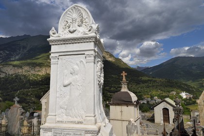 France, Alpes de Haute Provence, Ubaye valley, Jausiers cemetery, grave of the four brothers Audiffred, former traders and shop owners of the Al Puerto de Liverpool in the city of Morelia in Mexico, the mexican villa known as the castle of Magnans in the background