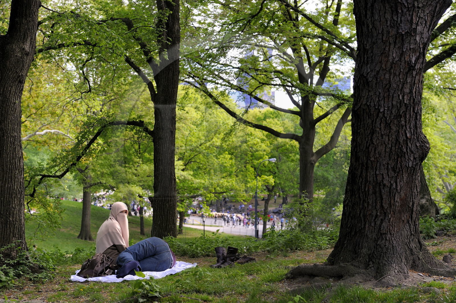 Etats-Unis, New York, Manhattan, Central Park, femme voilée, couple musulman se reposant dans le parc