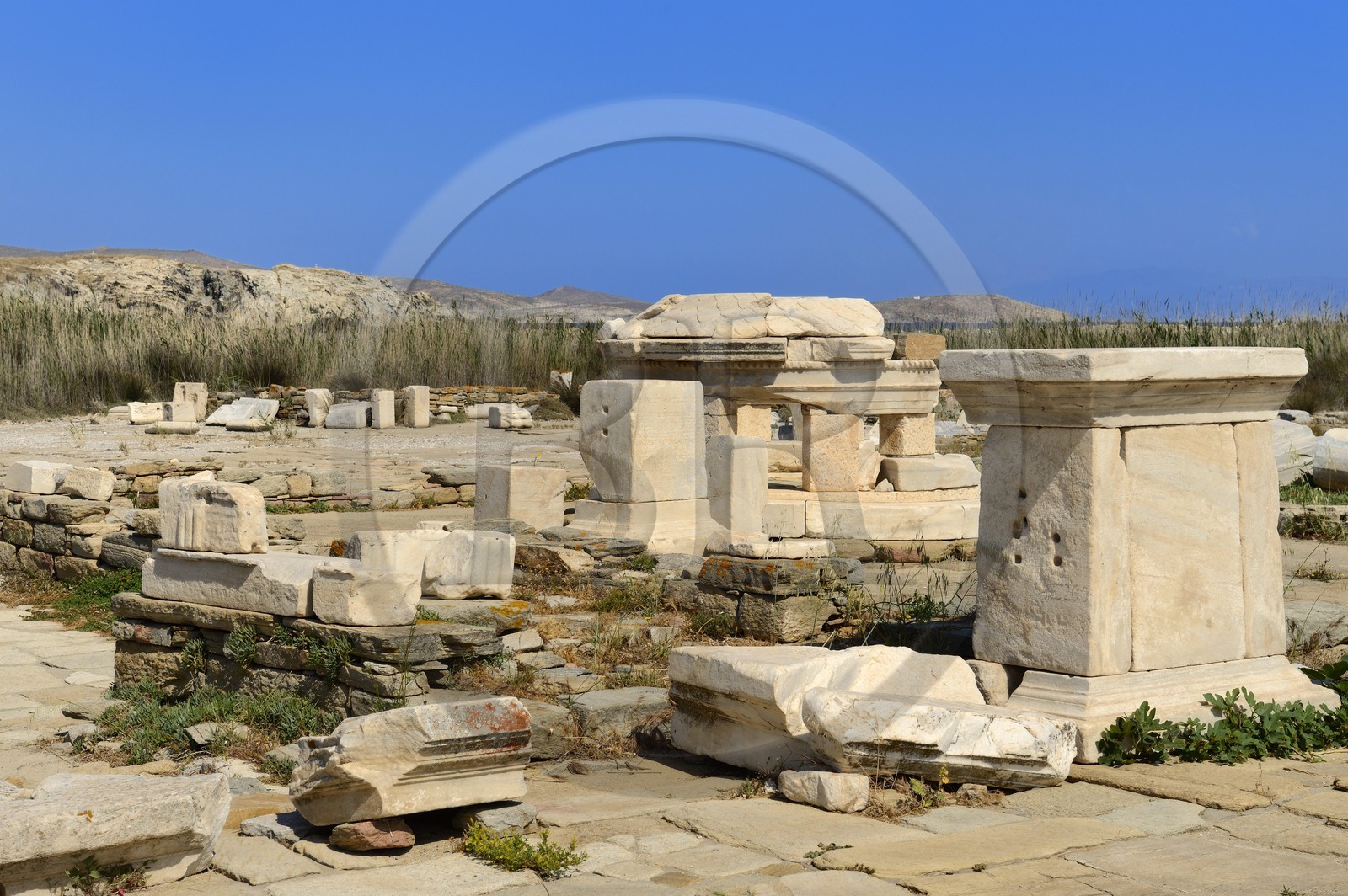 Grèce, île de Delos, classée Patrimoine Mondial de l'UNESCO, site archéologique de Délos, sanctuaire d'Apollon, la plus grande cité antique de la mer Egée, l'Agora des Compétaliastes ou des Hermaïstes