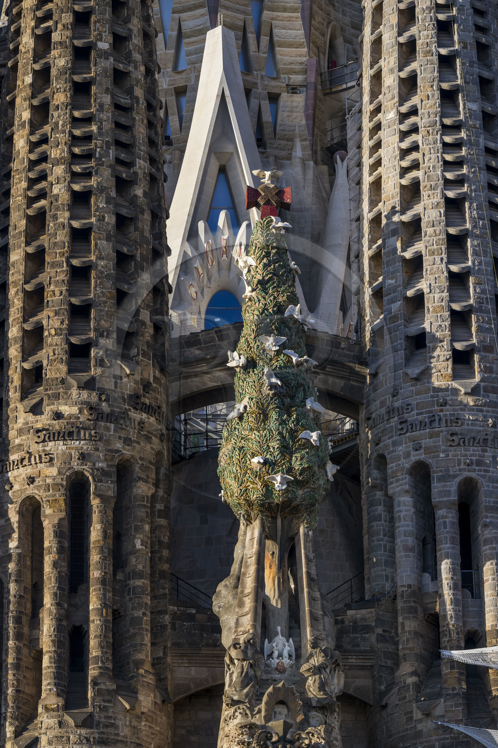 Espagne, Catalogne, Barcelone, quartier de l'Eixample, basilique de la Sagrada Familia de l'architecte du modernisme catalan Antoni Gaudi classée Patrimoine Mondial de l'UNESCO, façade de la Nativité et le cyprès symbolisant l'Arbre de la Vie Espagne, Catalogne, Barcelone, quartier de l'Eixample, basilique de la Sagrada Familia de l'architecte du modernisme catalan Antoni Gaudi classée Patrimoine Mondial de l'UNESCO, façade de la Nativité et le cyprès symbolisant l'Arbre de la Vie