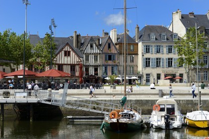 France, Morbihan, Gulf of Morbihan (Golfe du Morbihan), Vannes, Eric Tabarly's dock on the marina and half timbered houses in the background