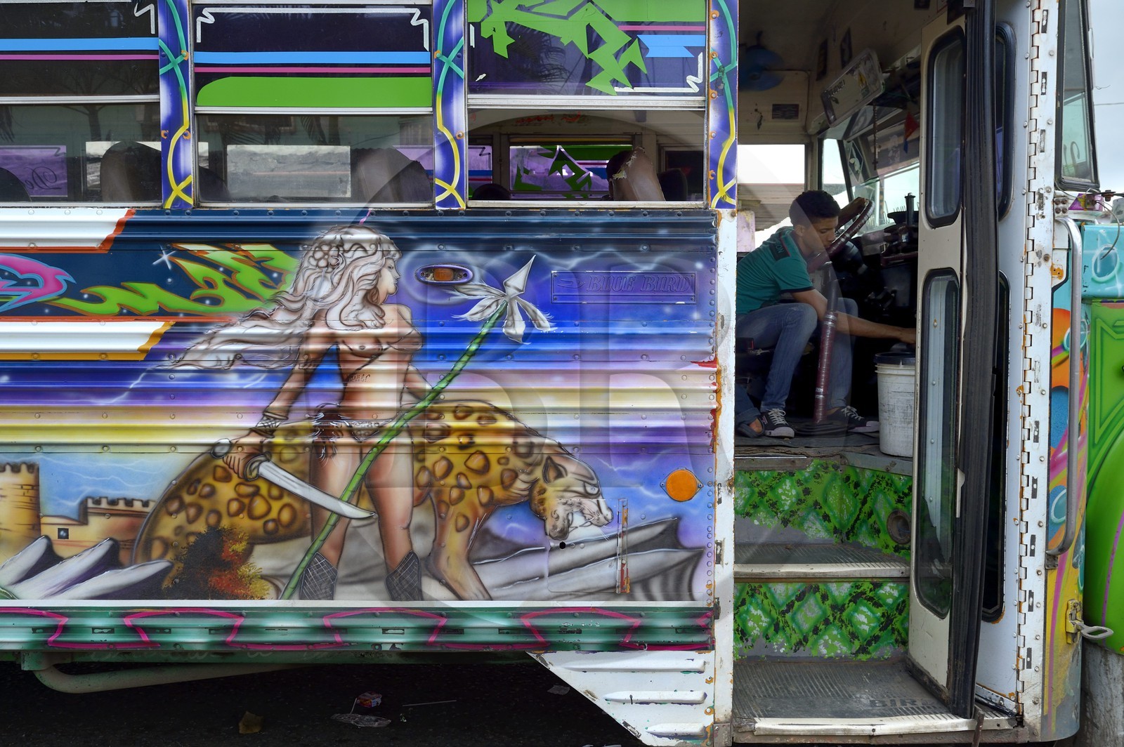 Panama, Colon province, Portobelo, bus called Diablo Rojo (Red Devil) covered with garish paintings
