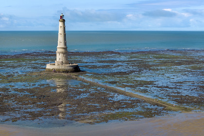 France, Gironde, Verdon sur Mer, rocky plateau of Cordouan at low tide, lighthouse of Cordouan, listed as World Heritage by UNESCO (aerial view)