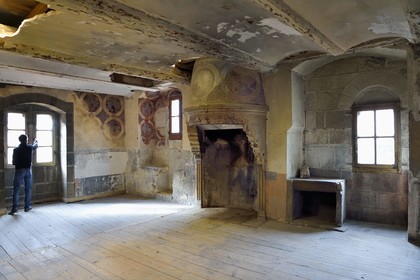 France, Haute-Loire (43), Le Puy-en-Velay, étape des chemins de Compostelle, l'ensemble cathédrale Notre-Dame-de-l'Annonciation classée Patrimoine Mondial de l'UNESCO, logis  des  clergeons, appartement du doyen, la salle des Griffons du XIIe siècle, reproduction picturale de motifs à griffons des tissus byzantins les plus chers de l'époque