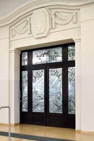 France, Meurthe et Moselle, Nancy, Art Deco glass door by Jacques Gruber from the Caisse d'Epargne building on Dombasle Square