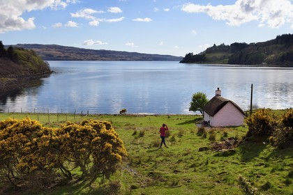 Royaume-Uni, Ecosse, Highland, Hébrides intérieures, Ile de Mull, maison traditionnelle à toit de chaume au bord du Loch Scridain