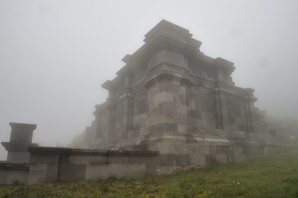 France, Puy de Dome, Parc Naturel Régional des Volcans d'Auvergne (regional nature park of Auvergne volcanoes), Chaine des Puys listed as World heritage by UNESCO, partially reconstructed remains of the temple of Mercury at the top of the Puy de Dôme, Gallo-Roman temple from the 2nd century