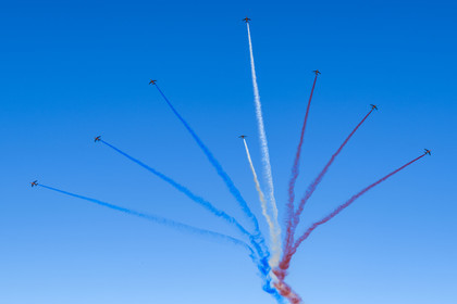 France, Bouches du Rhone, Salon de Provence, air base 701, base of the Patrouille de France (PAF for Patrouille acrobatique de France) of the French Air and Space Force, burst figure during a training flight of Alphajet aircraft