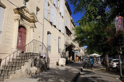 France, Herault, Pezenas, Hotel of Bezons from the 17th century cours (street) Jean Jaures, door surrounded by columns with entablature and pediment cut